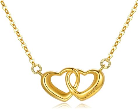 SISGEM 18k Gold Double Heart Necklace for Women, Engraved Love Fine Gold Jewelry Gifts for Her ...