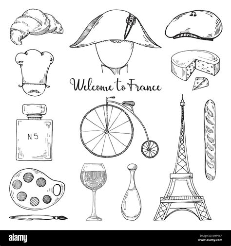 Set of elements of French culture. Welcome to France. Vector illustration in sketch style Stock ...