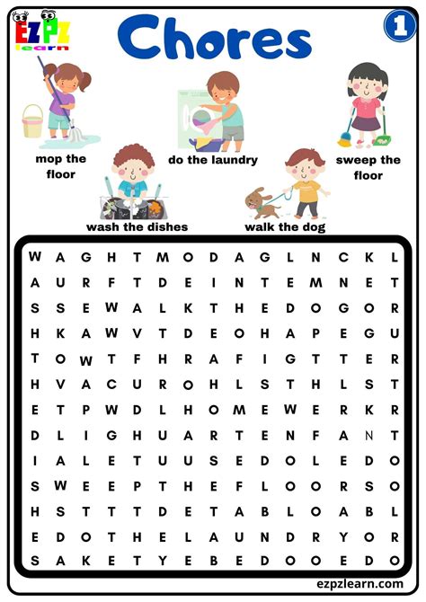 Household Chores Vocabulary Word Search For Kids Group 1 Download Free - Ezpzlearn.com