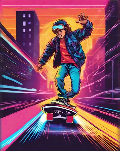 A retro 80s portrait of Marty McFly skateboarding, w...