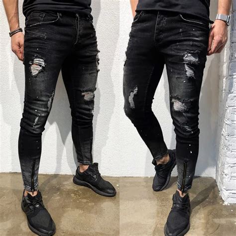 Mens Skinny Jeans Fashion Stretch Denim Pants Distressed Ripped Freyed Slim Fit Jeans slim fit ...