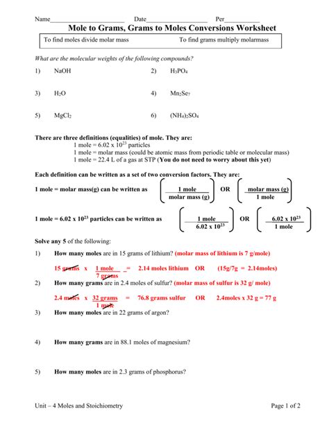 Mole Conversions Worksheet Working With Moles And Particles