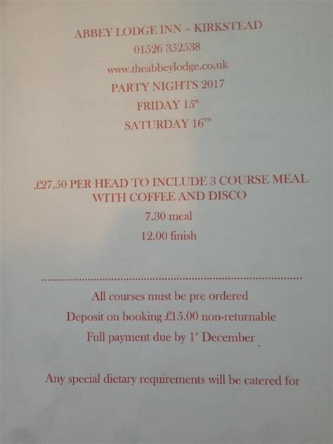 Menu at The Abbey Lodge Inn pub & bar, Woodhall Spa