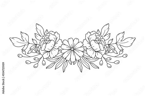 Floral border arrangement. Line art peony and daisy flowers and leaves. Line art style ...