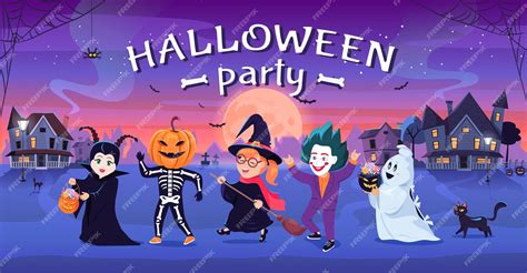 Premium Vector | Colorful halloween party for kids in costumes cartoon vector illustration