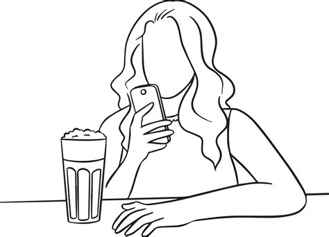 Vector drawing of a young woman drinking coffe and looking at her phone with unrecognizable face ...