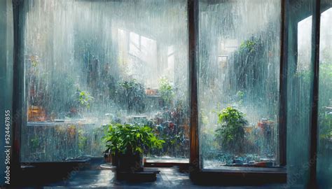 3D Render digital art painting of Rainy Window. Window view with ...