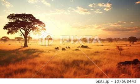 Beautiful summer savanna with a tree at sunset....のイラスト素材 [107668443] - PIXTA