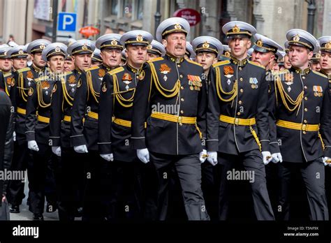 Russia, Vladivostok, 05/09/2018. Military sailors in dress uniform on parade on annual Victory ...