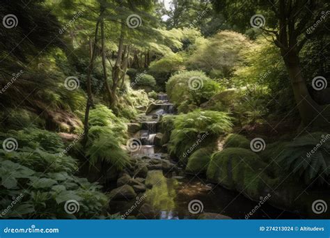 Gardens with Babbling Brook, Waterfall and Towering Trees Stock Photo ...