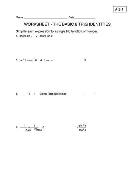 The Basic Trig Identities Worksheet printable pdf download