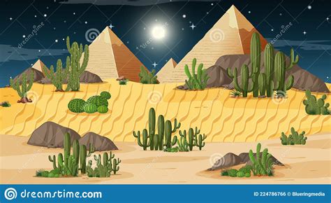 Desert Forest Landscape at Night Scene with Pyramid Stock Vector ...