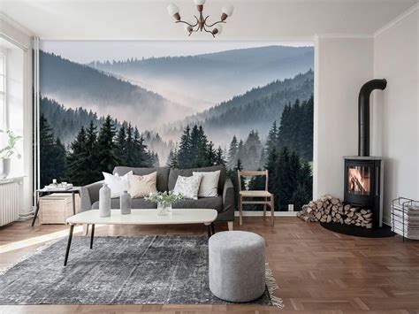 Forest Mountain Wall Mural, Mountain View Mural, Misty Forest Wallpaper, Wall Décor, Nursery and ...