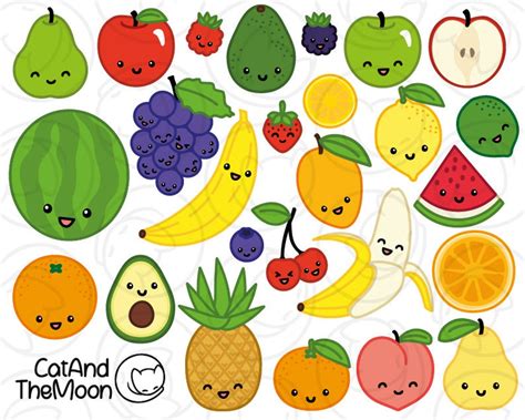 Kawaii Fruit Clipart Cute Fruit Clip Art Kawaii Fruit Png | Etsy