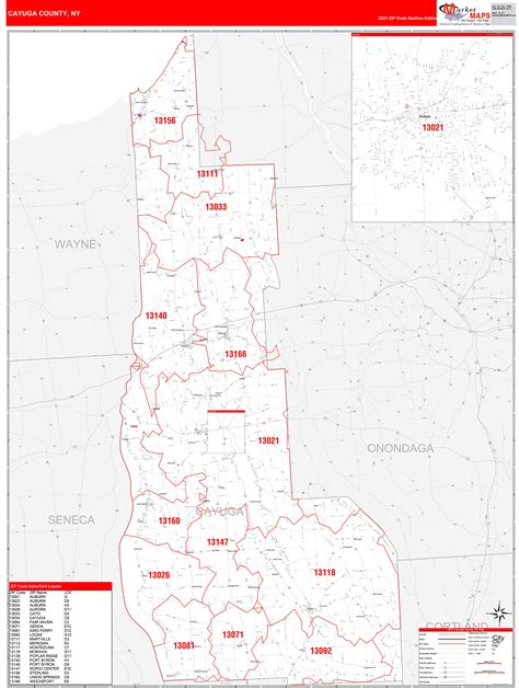 Cayuga County, NY Zip Code Wall Map Red Line Style by MarketMAPS - MapSales