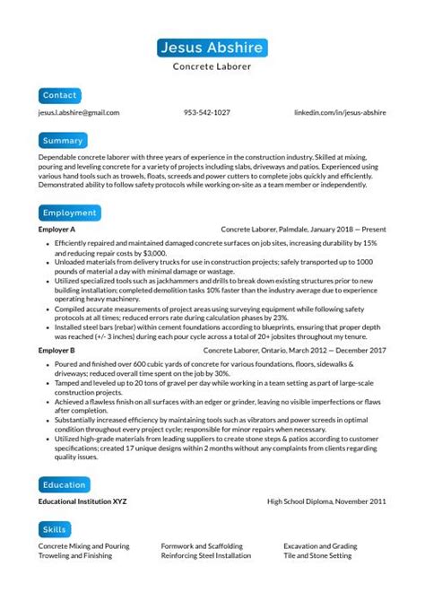 Concrete Laborer Resume (CV) Example and Writing Guide