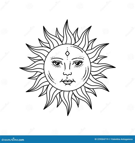 Celestial Sun with Face and Opened Eyes, Stylized Drawing, Tarot Card Stock Vector ...