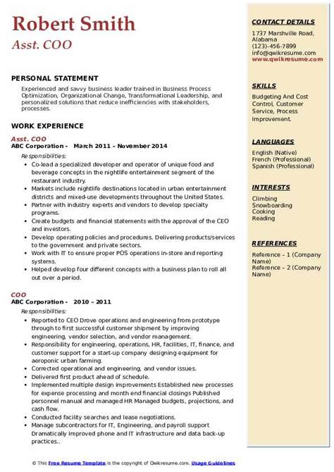 COO Resume Samples | QwikResume