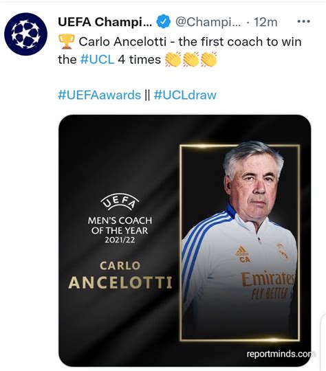 Real Madrid's Carlo Ancelotti beat Jurgen Klopp and Pep Guardiola to claim 2021 UEFA Men's coach ...