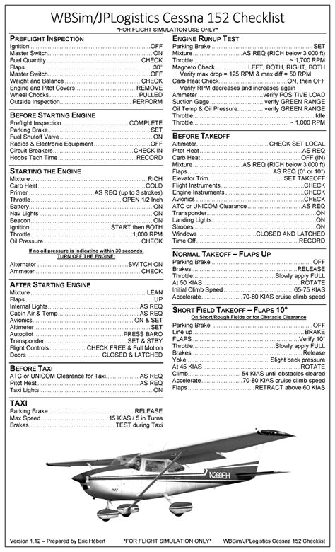 WBSim/JPLogistics Cessna 152 Checklist v1.12 for Microsoft Flight Simulator | MSFS