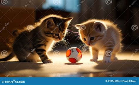 Cute Kittens Playing with Small Soccer Ball Stock Photo - Image of baby ...