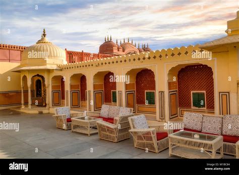 City Palace Jaipur Rajasthan - Ancient Rajput architecture with view of courtyard and sitting ...