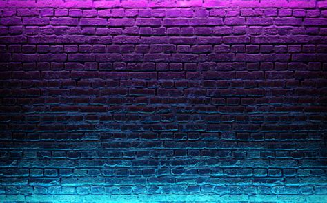 Modern futuristic neon lights on old grunge brick wall room... | Fundo de parede de tijolo ...