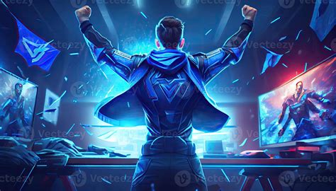 Professional eSports gamer rejoices in the victory and blue game room background. Generate Ai ...