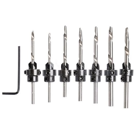 7 Pcs Countersink Drill Bit Set with Stop Collars & Wrench, Perfect for Wood | Quick Change Pre ...