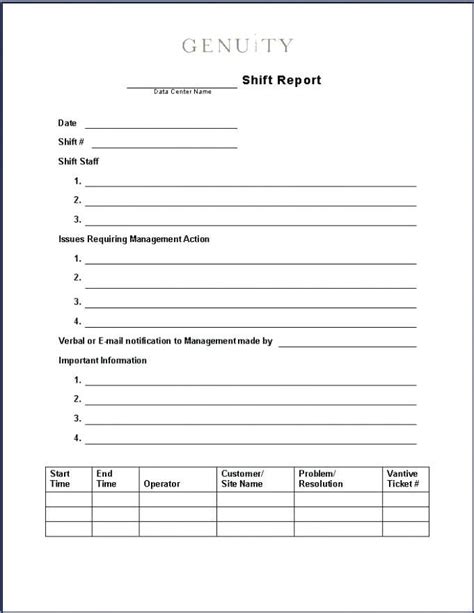 a blank sheet with the words shift report