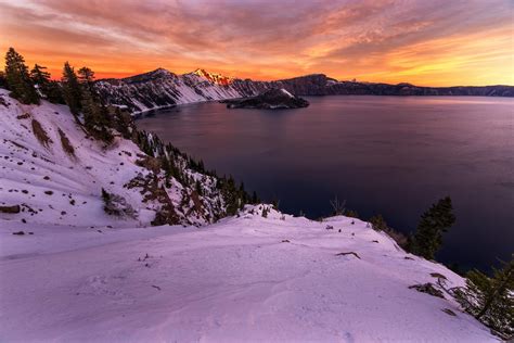 Download Sunset Mountain Snow Lake Winter Nature Crater Lake HD Wallpaper