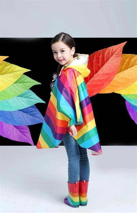 Kids Rainbow Raincoat And Umbrella Sets Boys Polyester Impermeable Jackets Hooded Outdoors Rain ...