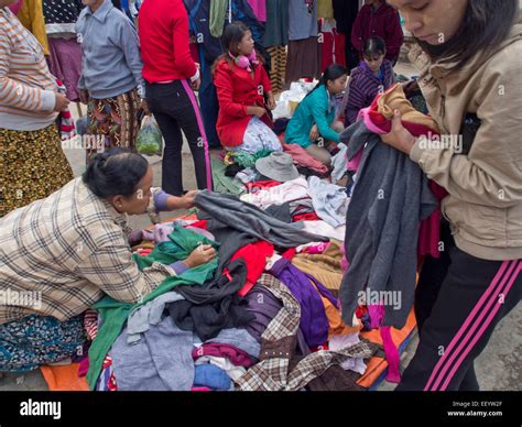 Used clothes vendor in a market place in the Shan state, Myanmar Stock ...