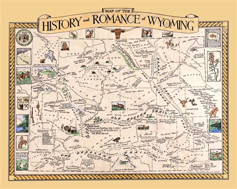 The History and Romance of Wyoming, beautifully detailed map from 1928