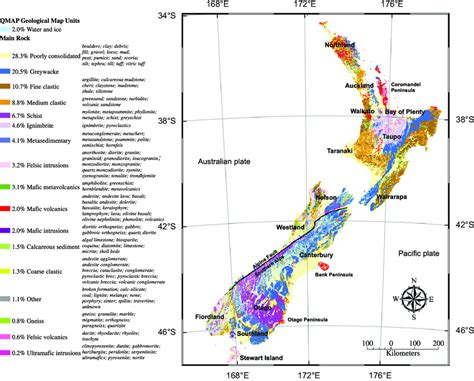 Map of broad groups of main rock types in New Zealand generated from... | Download Scientific ...