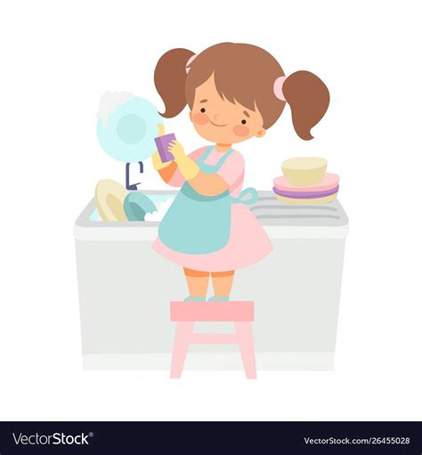 Cute Girl Washing Dishes, Adorable Kid Doing Housework Chores at Home Vector Illustration on ...