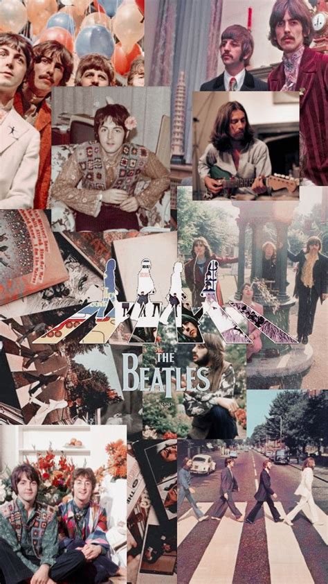 the beatles collage is shown with many pictures and people around it, including balloons