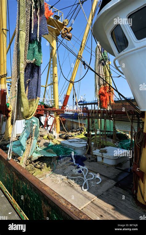 Dragnets on board of trawler fishing boat in the harbour of Oudeschild, Texel, the Netherlands ...