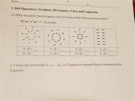 Solved Name ID 3. Del Operators: Gradient, Divergence, Curl, | Chegg.com