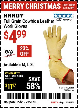 HARDY Full Grain Leather Work Gloves for $4.99 – Harbor Freight Coupons