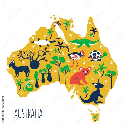 Australia cartoon travel map, vector colorful illustration, wild ...