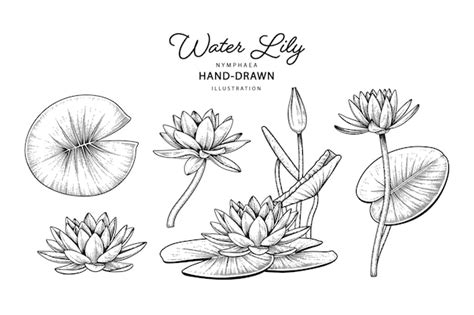 Premium Vector | Water lily flower elements drawings.