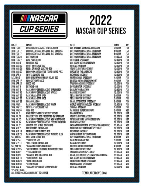 Printable 2022 NASCAR Schedule