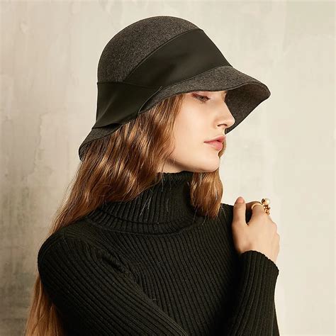 100% Wool Bucket Hat Women Elegant Winter Hats With Leather Trim-in Women's Bucket Hats from ...