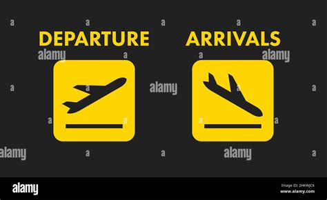 Departure and arrivals yellow signs. Airplane landing and takeoff ...