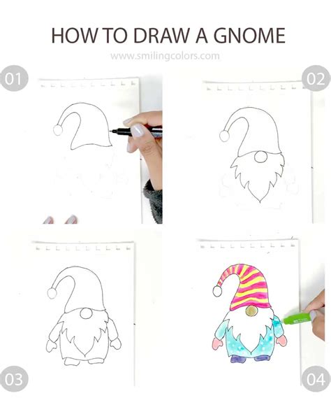 Gnome Drawing: Easy 4 step tutorial with Free Printable - Smiling Colors | Hand art drawing ...