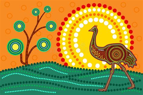 Landscape with Ostrich in Decorative Ethnic Style. Australia Aboriginal Traditional Culture Art ...