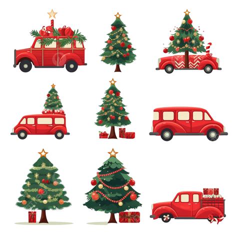 Big Set With Decorated Christmas Tree And Red Car Transporting, Christmas Car, Christmas Truck ...