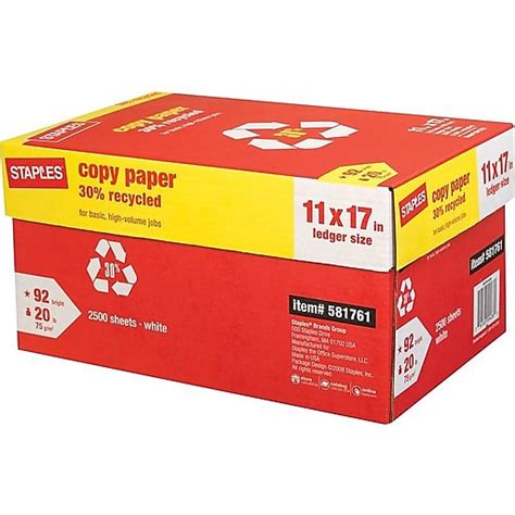 Staples 30% Recycled 11" x 17" Copy Paper, 20 lbs., 92 Brightness, 500 ...