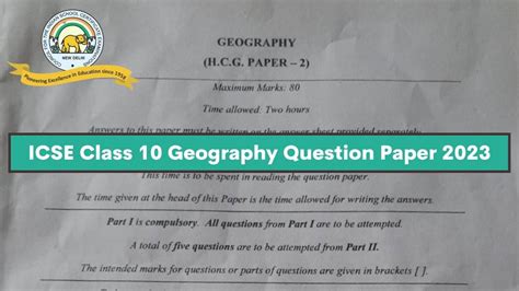 ICSE Class 10 Geography Question Paper 2023, Download PDF